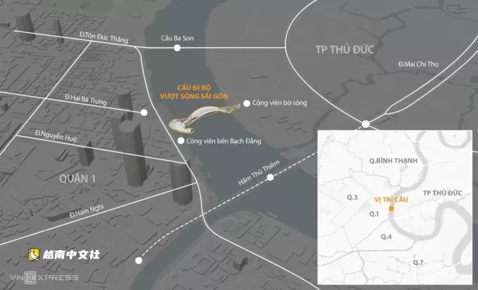 越南胡志明市人行天橋鋼拱從頭頓運至白藤碼頭 將於8月安裝