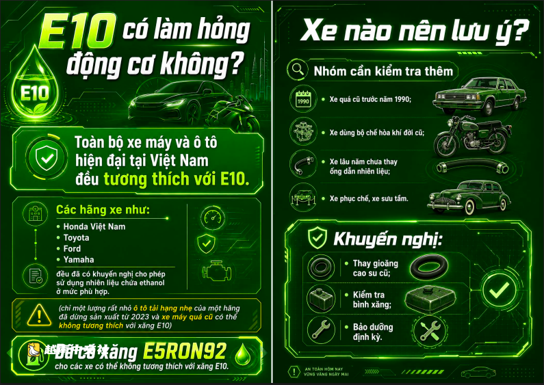 越南工貿部列出使用E10時需注意的車輛類型,發佈生物燃料指南