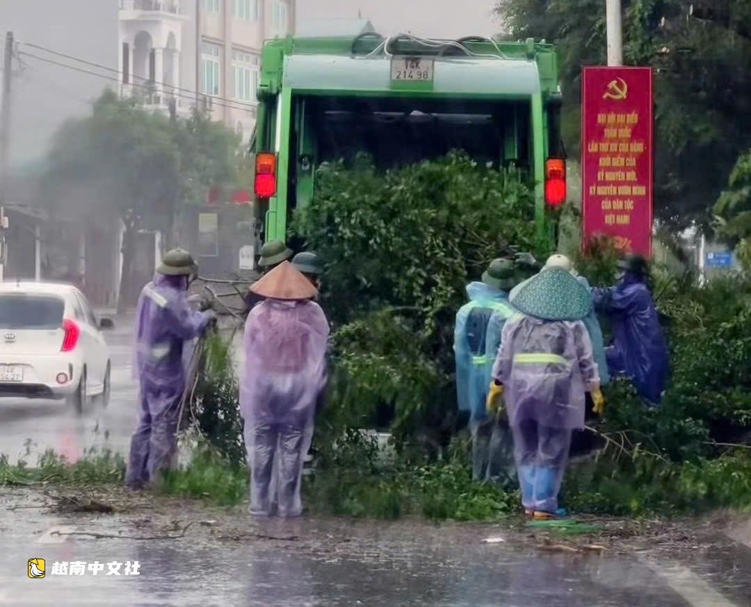 越南廣寧省芒街市風力漸強,多棵樹木倒伏,屋頂鐵皮被吹飛