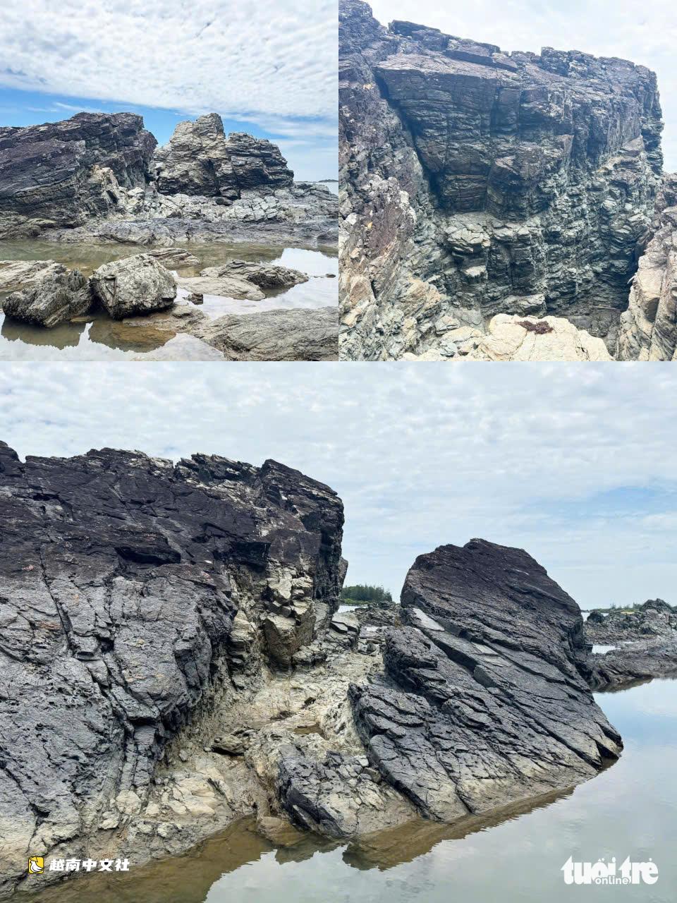 越南峴港海邊數億年曆史的黑色岩石礁