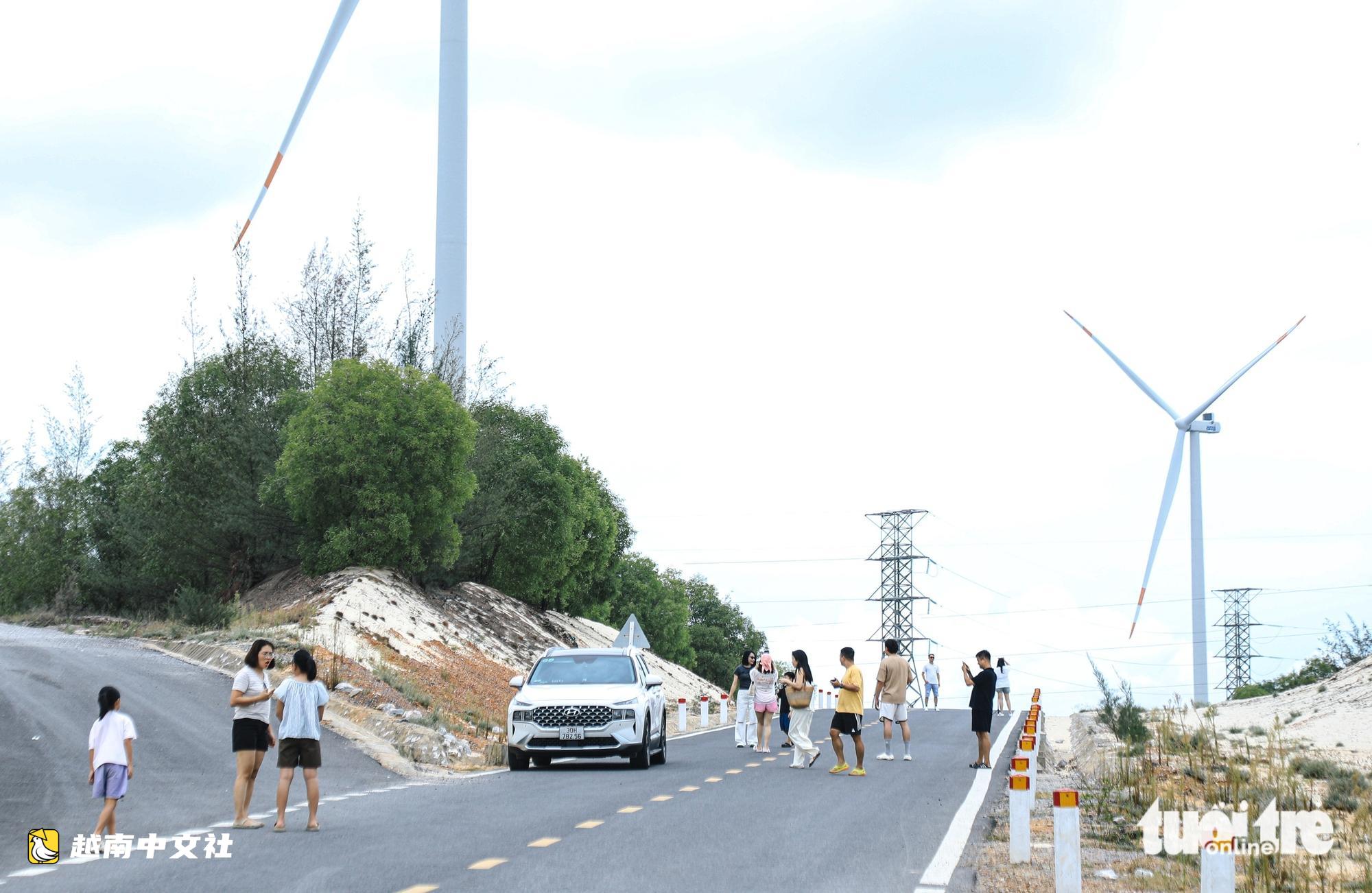 越南廣治風電場走紅,眾多遊客不顧危險站馬路中央拍照