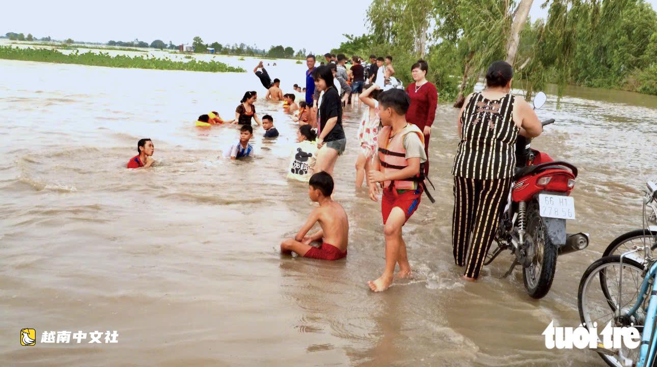 越南同塔省進入汛期:當地人和遊客都結伴下田戲水