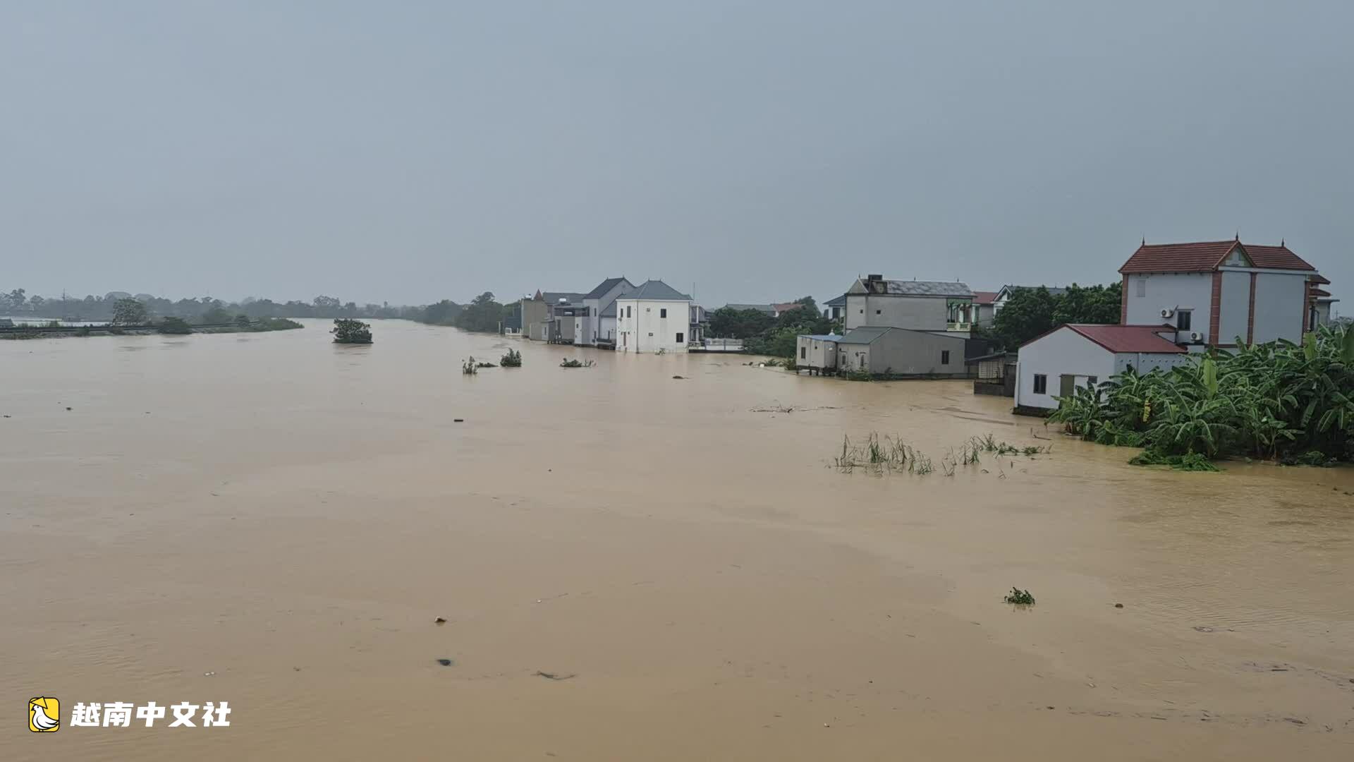越南河內郊外數百人冒雨加固堤壩抗洪