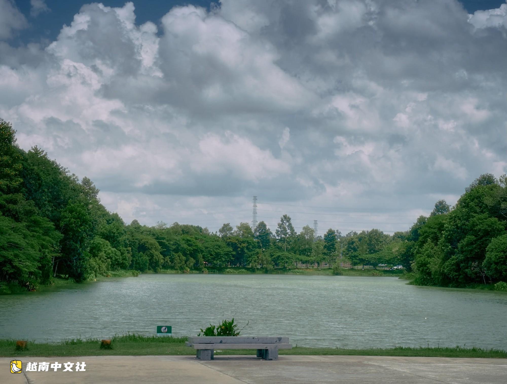 越南胡志明市一公園湖水詩意,樹木換葉染秋色