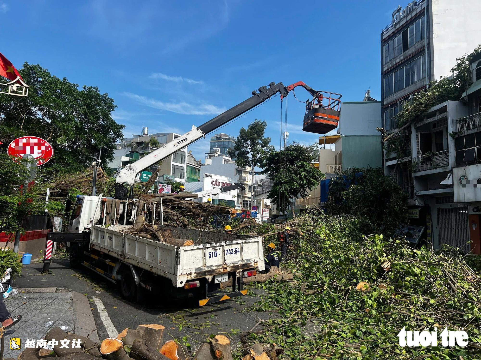 胡志明市丁先皇街-武氏六街一棟建築的榕樹連根拔起橫堵道路