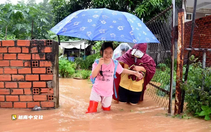 越南同奈省暴雨，巷水如瀑布湧出，多條道路擁堵