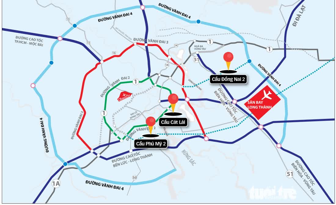 Cầu Cát Lái, cầu Đồng Nai 2, Phú Mỹ 2将如何缓解通往龙城机场的道路拥堵?