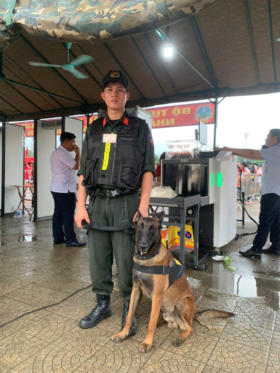 观看警察使用警犬检查爆炸材料，保护A80安全秩序