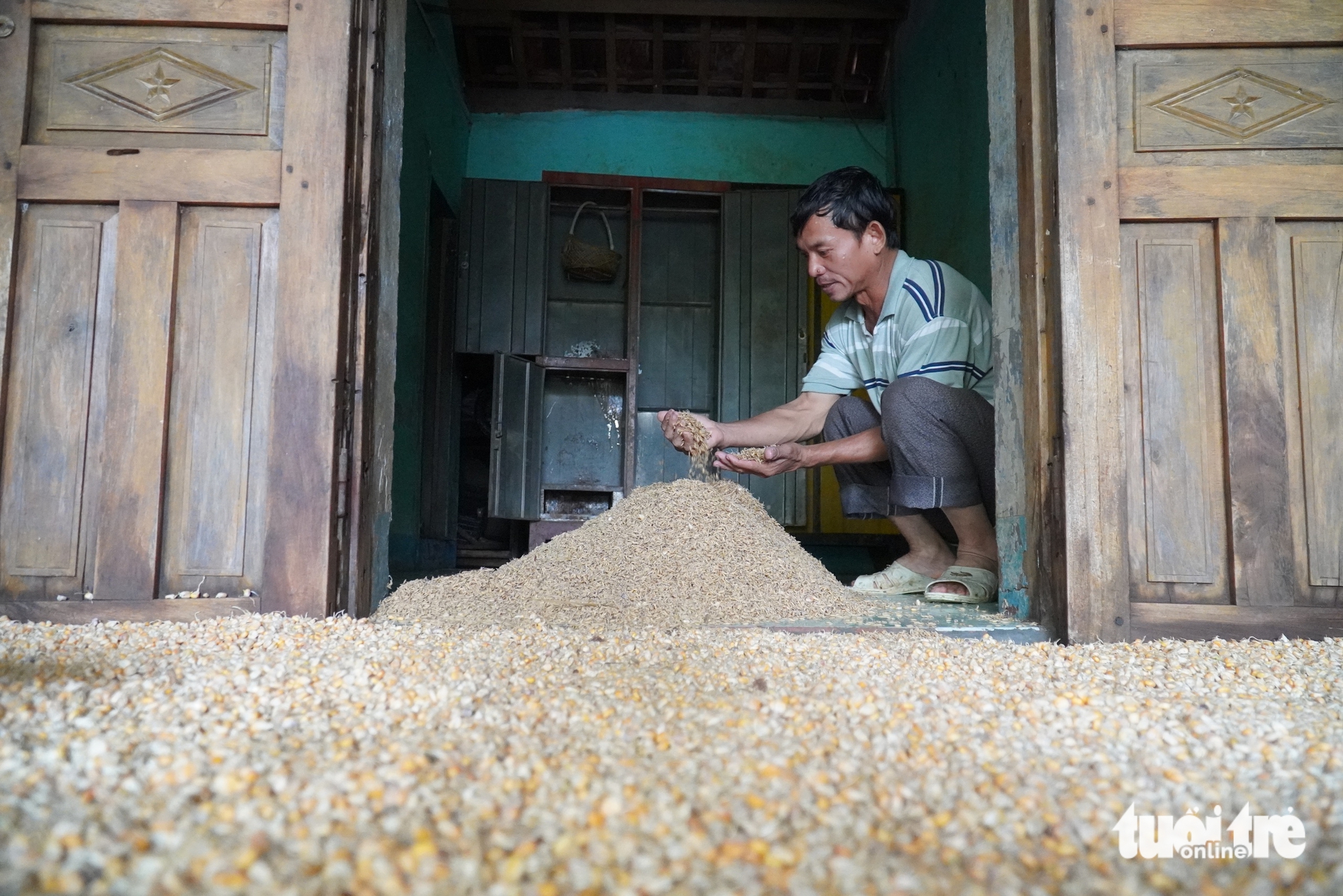 救援大米还没来得及吃就被洪水淤泥淹没，居民捡拾残留物
