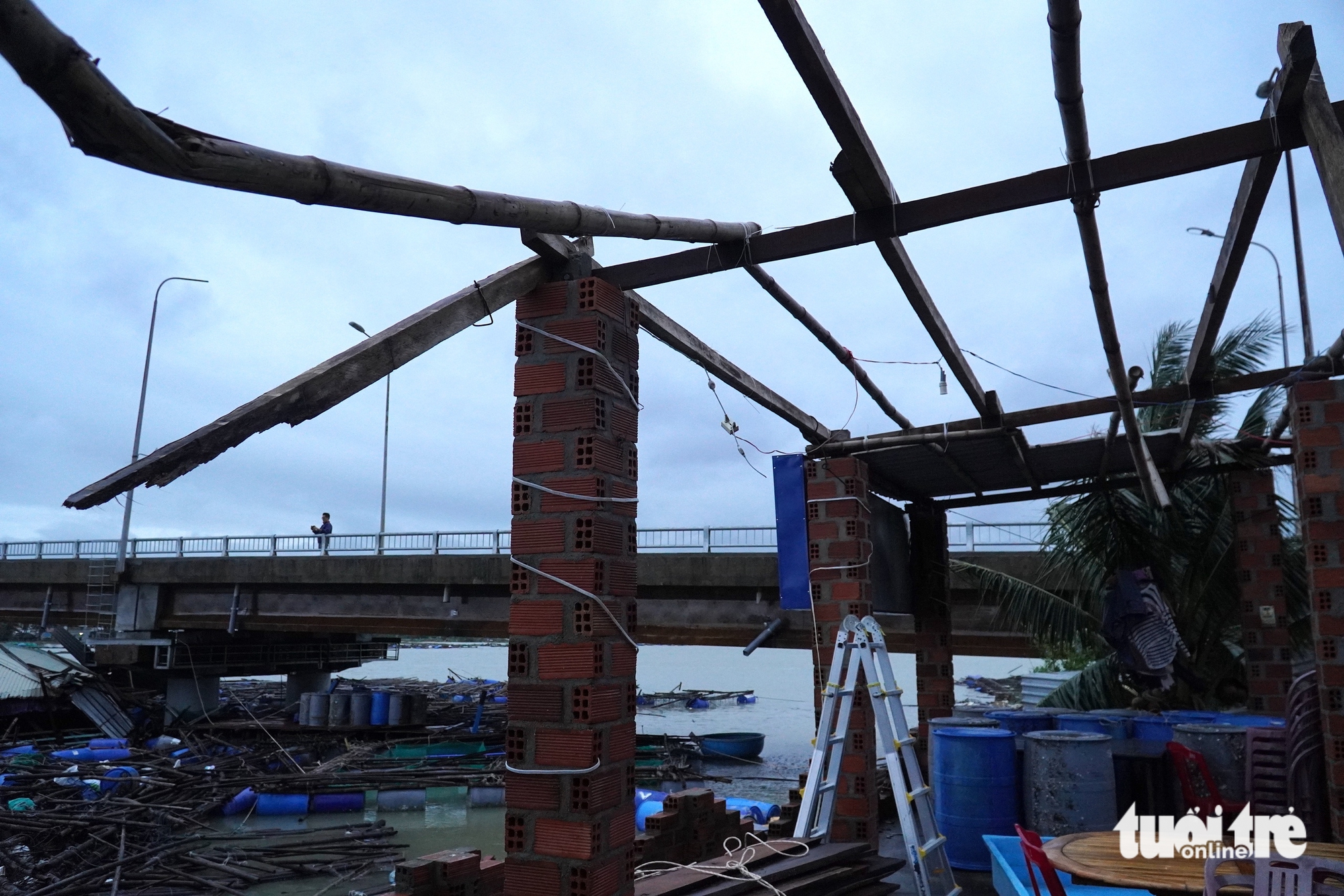 富安省桥下鱼排破碎近景